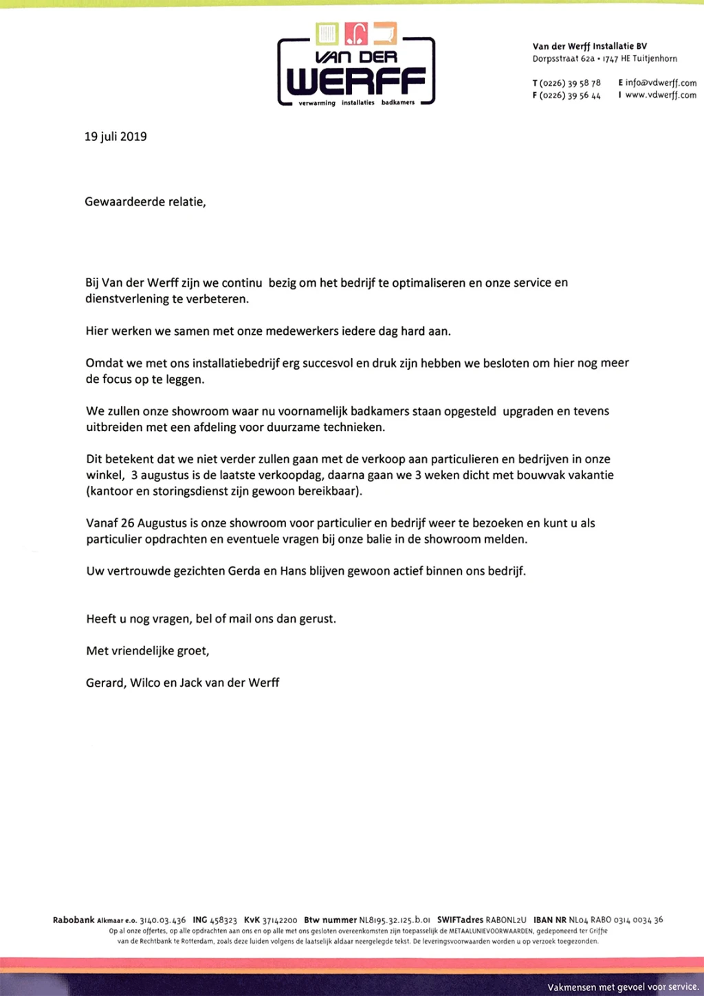 Wijzigingen in de dienstverlening bij van der Werff